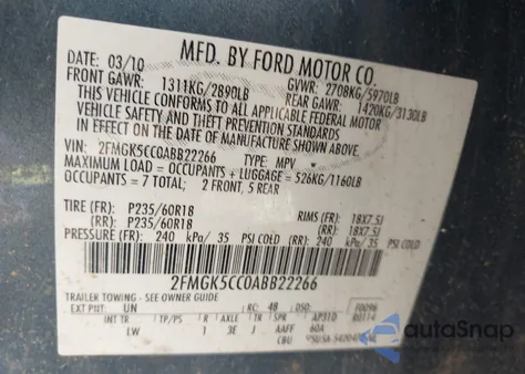 2010 Ford Flex Sel from USA, damaged, VIN 2FMGK5CC0ABB22266